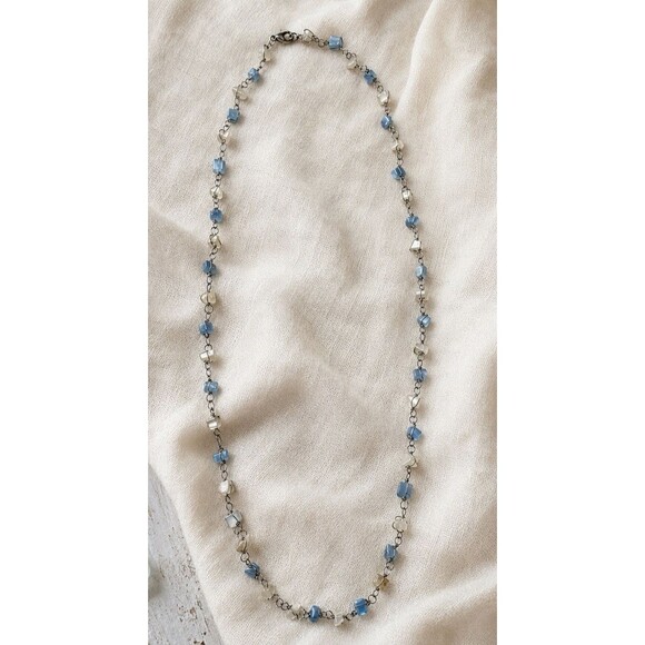 Vintage Jewelry - Vintage Y2K Blue Ivory Cats Eye Glass Bead Necklace Double Strand Wire Wrapped